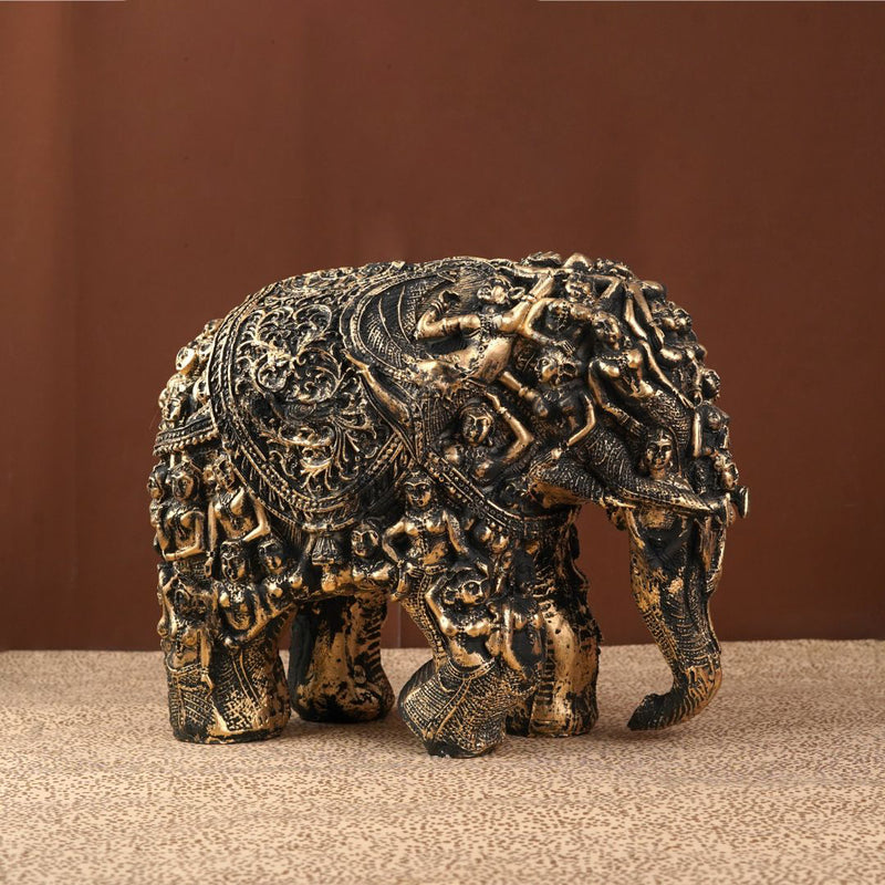 Magnificent Resin Elephant Statue with Carvings (Golden & Black)