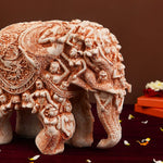 Resin White & Brown Elephant Statue with Tribal Carvings