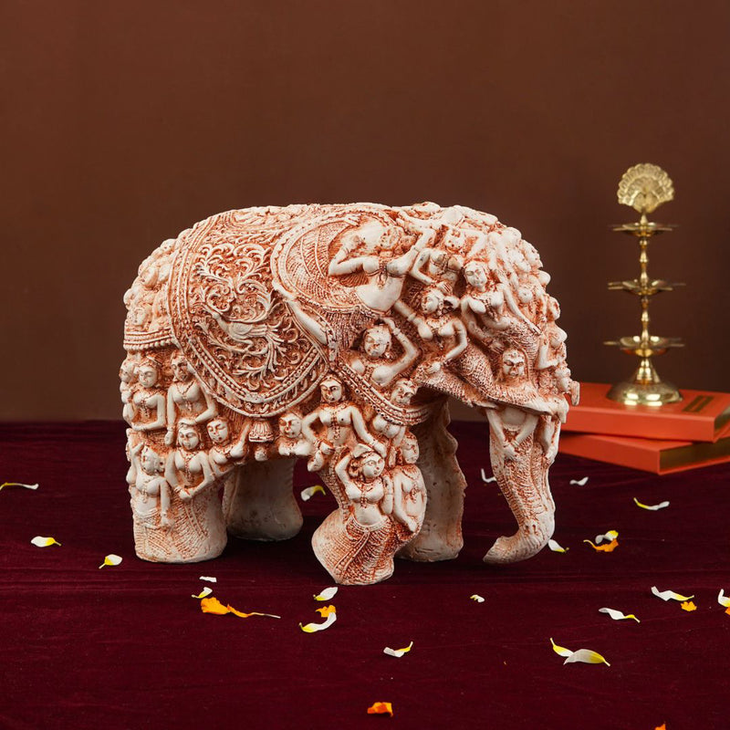 Resin White & Brown Elephant Statue with Tribal Carvings